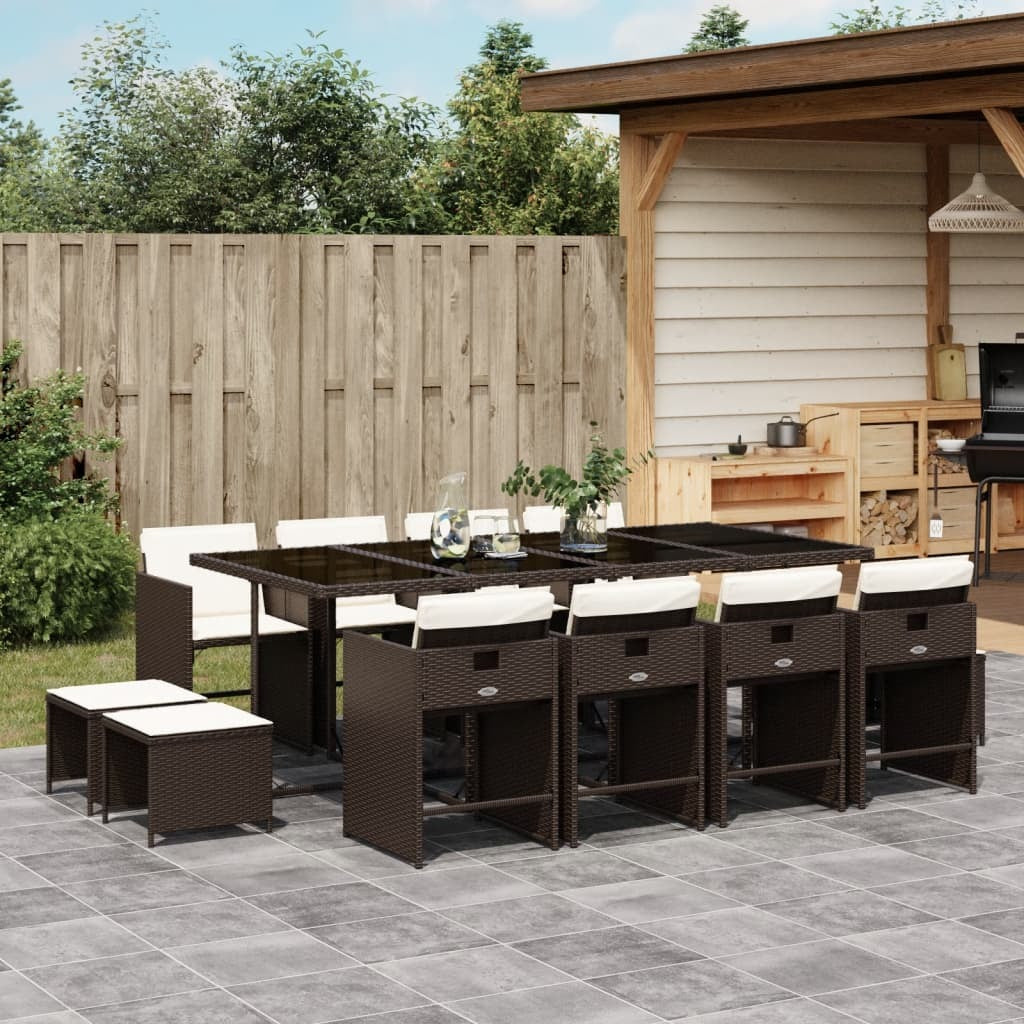 13 Piece Patio Dining Set with Cushions Brown Poly Rattan