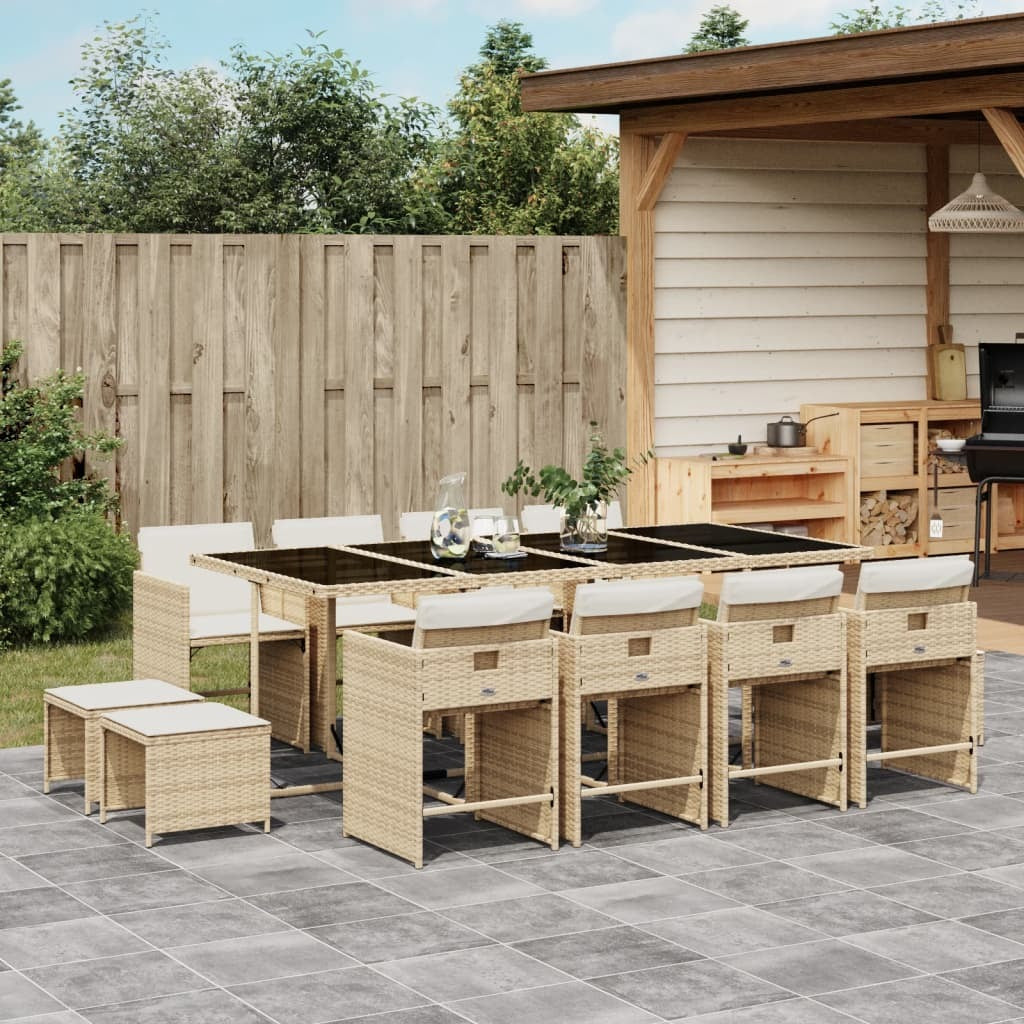 13 Piece Patio Dining Set with Cushions Beige Poly Rattan