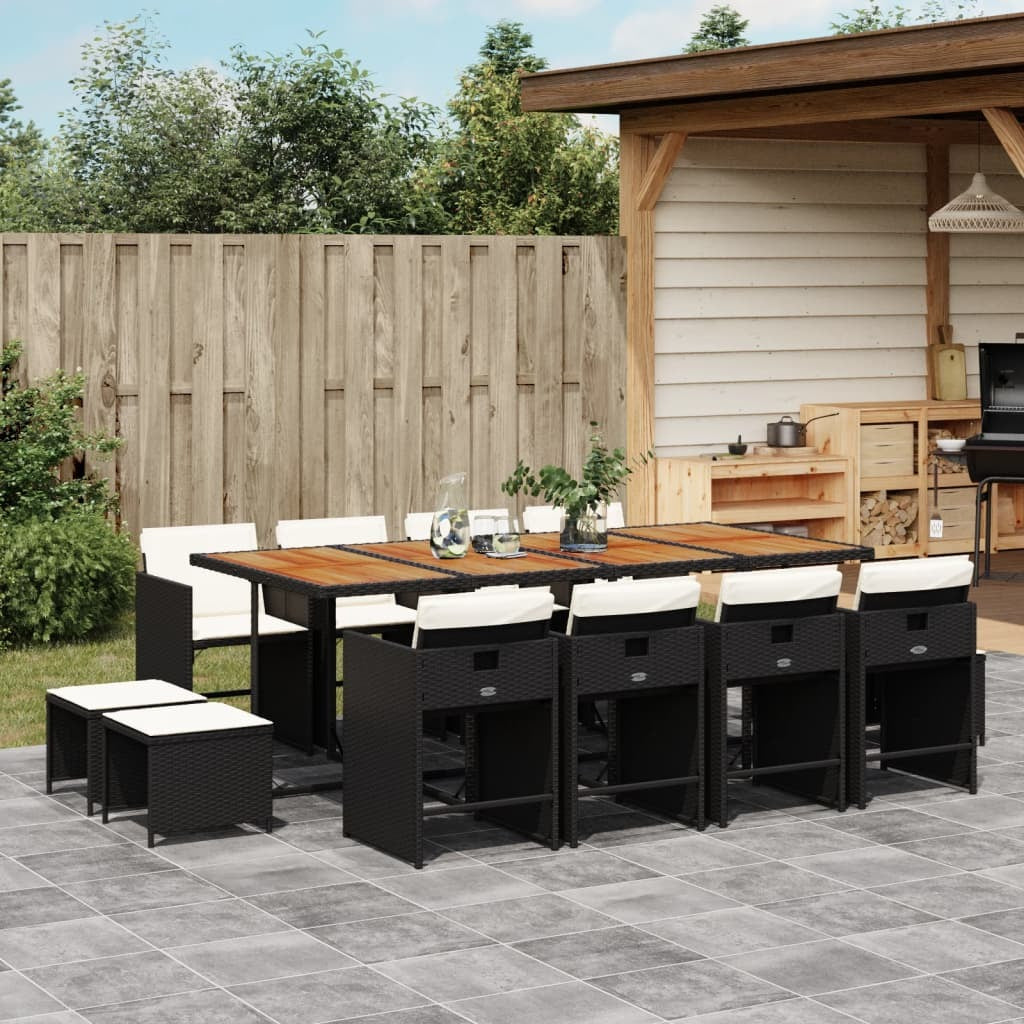 13 Piece Patio Dining Set with Cushions Black Poly Rattan