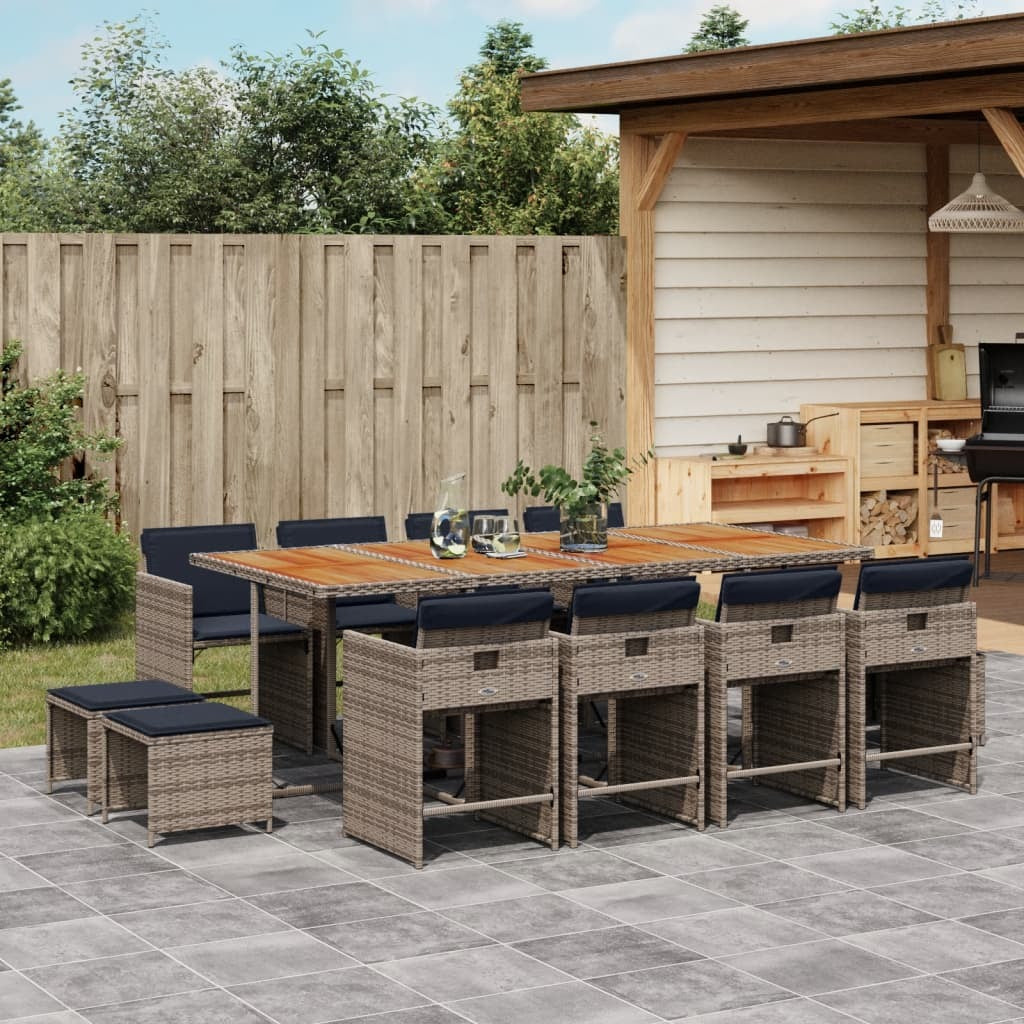 13 Piece Garden Dining Set with Cushions Grey Poly Rattan