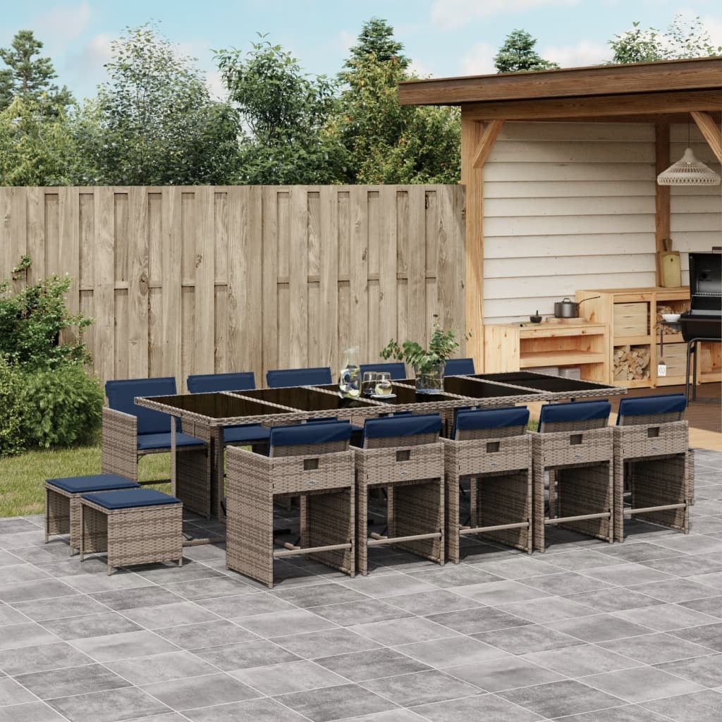 15 Piece Garden Dining Set with Cushions Grey Poly Rattan