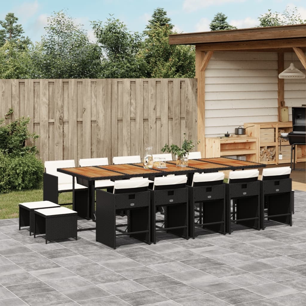 15 Piece Patio Dining Set with Cushions Black Poly Rattan