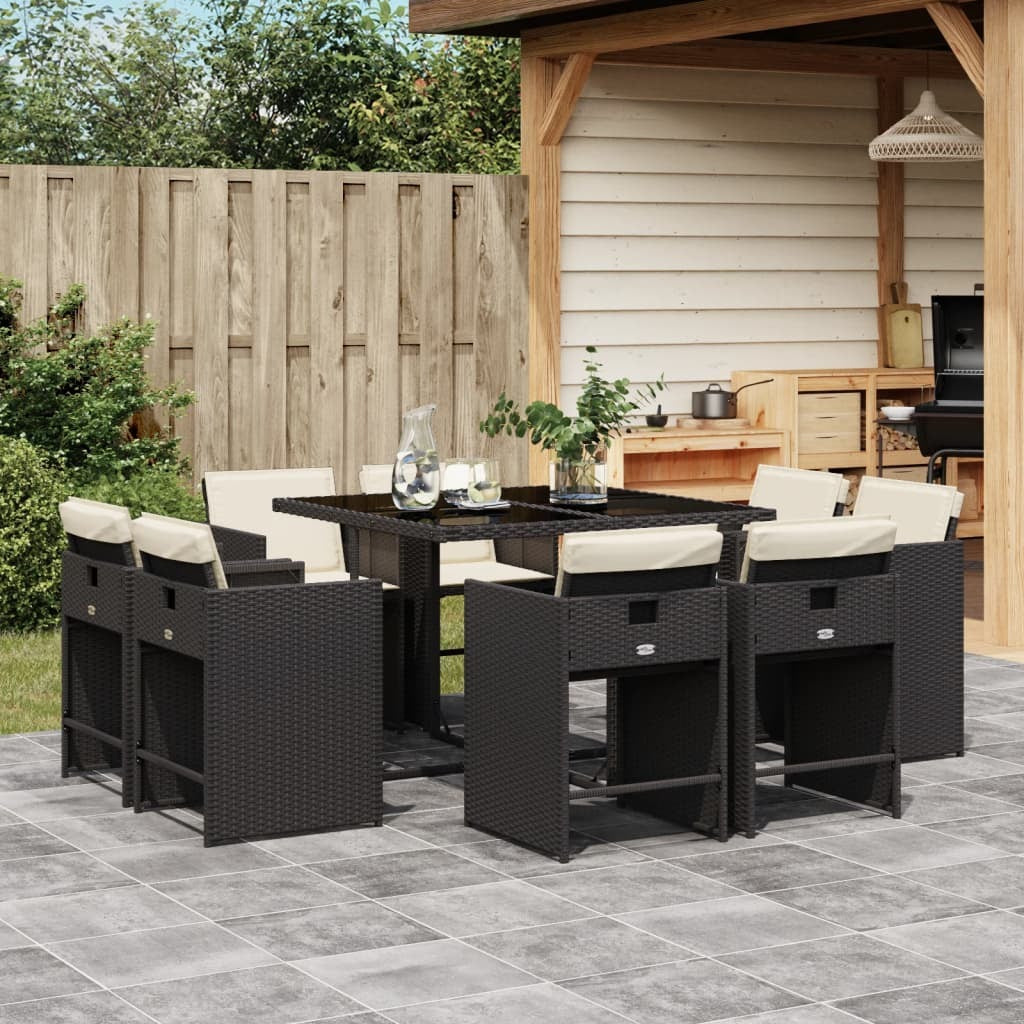 9 Piece Patio Dining Set with Cushions Black Poly Rattan