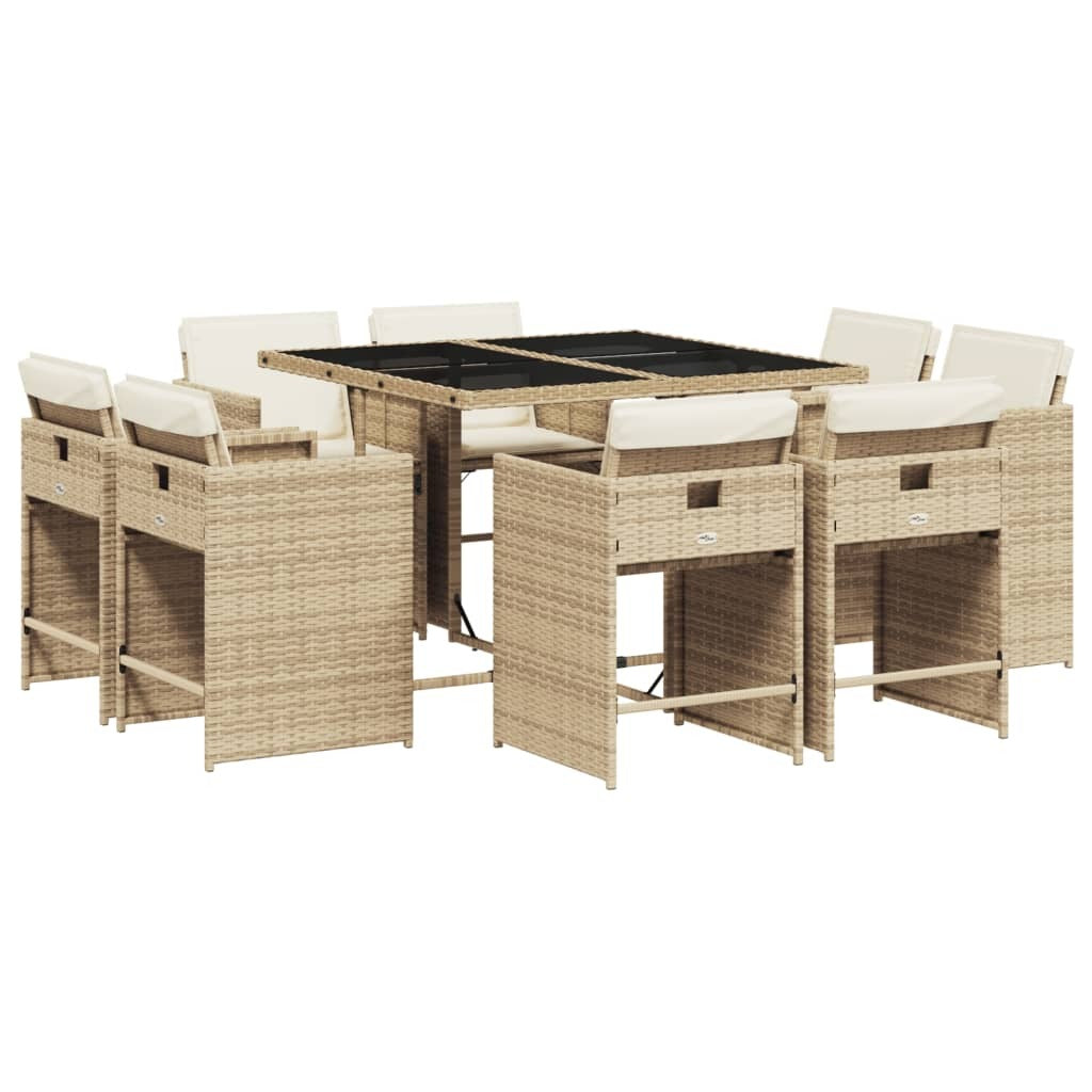 9 Piece Patio Dining Set with Cushions Beige Poly Rattan