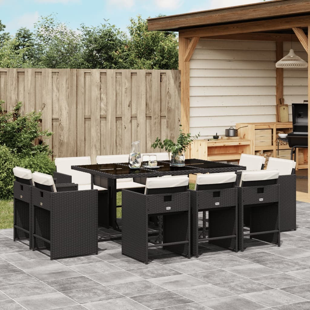 11 Piece Patio Dining Set with Cushions Black Poly Rattan