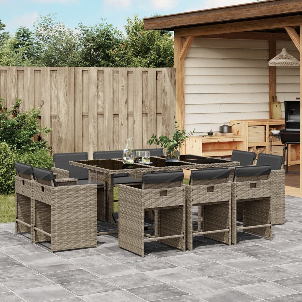 11 Piece Patio Dining Set with Cushions Gray Poly Rattan
