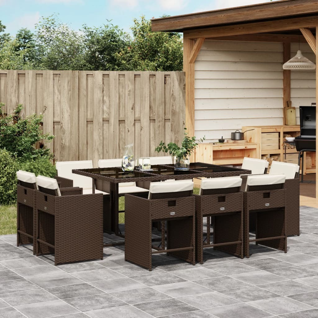 11 Piece Patio Dining Set with Cushions Brown Poly Rattan