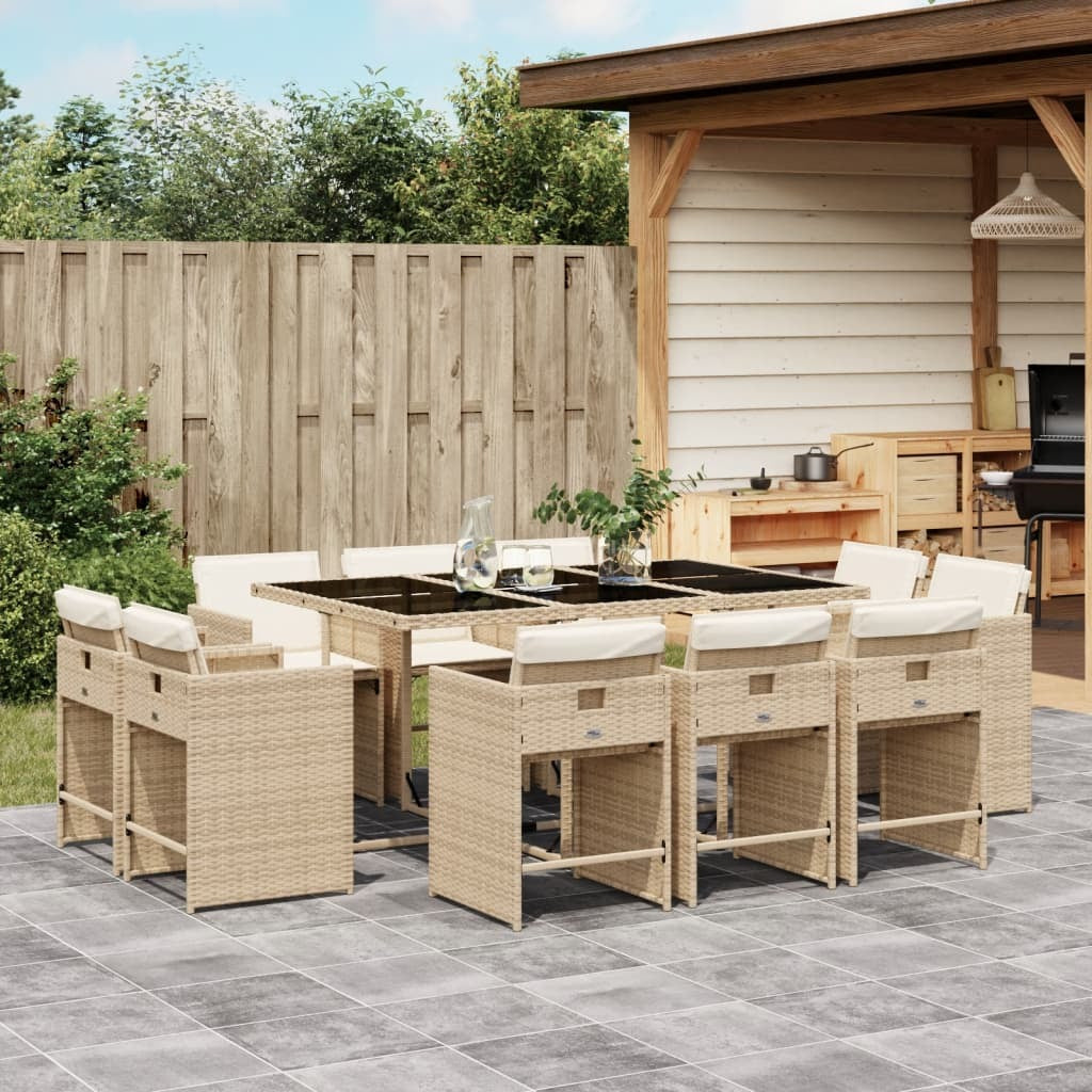 11 Piece Patio Dining Set with Cushions Beige Poly Rattan
