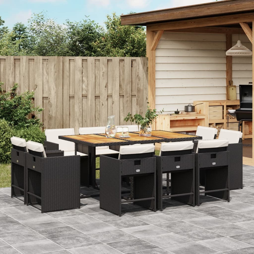 11 Piece Patio Dining Set with Cushions Black Poly Rattan