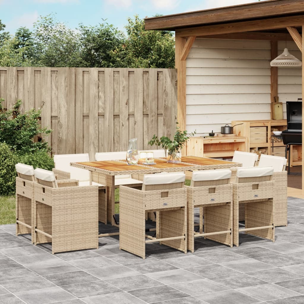 11 Piece Patio Dining Set with Cushions Beige Poly Rattan