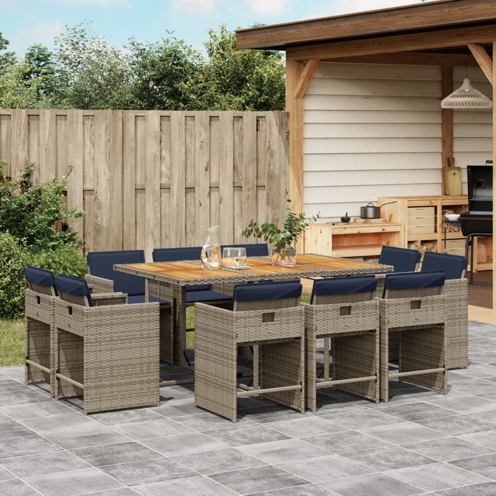 11 Piece Garden Dining Set with Cushions Grey Poly Rattan