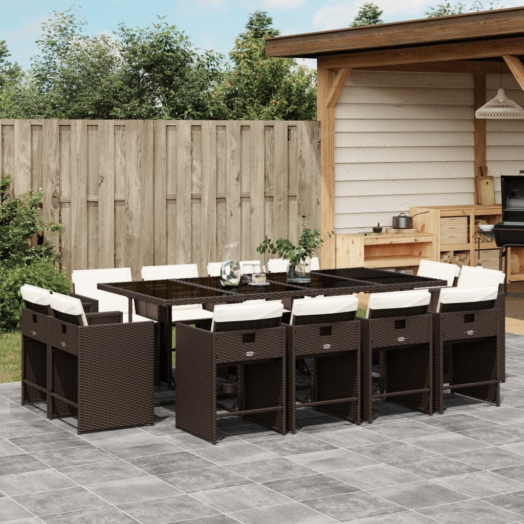13 Piece Patio Dining Set with Cushions Brown Poly Rattan