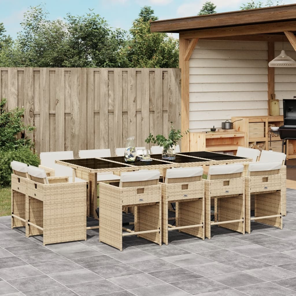 13 Piece Patio Dining Set with Cushions Beige Poly Rattan