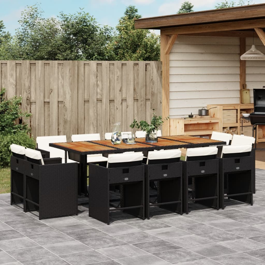 13 Piece Patio Dining Set with Cushions Black Poly Rattan