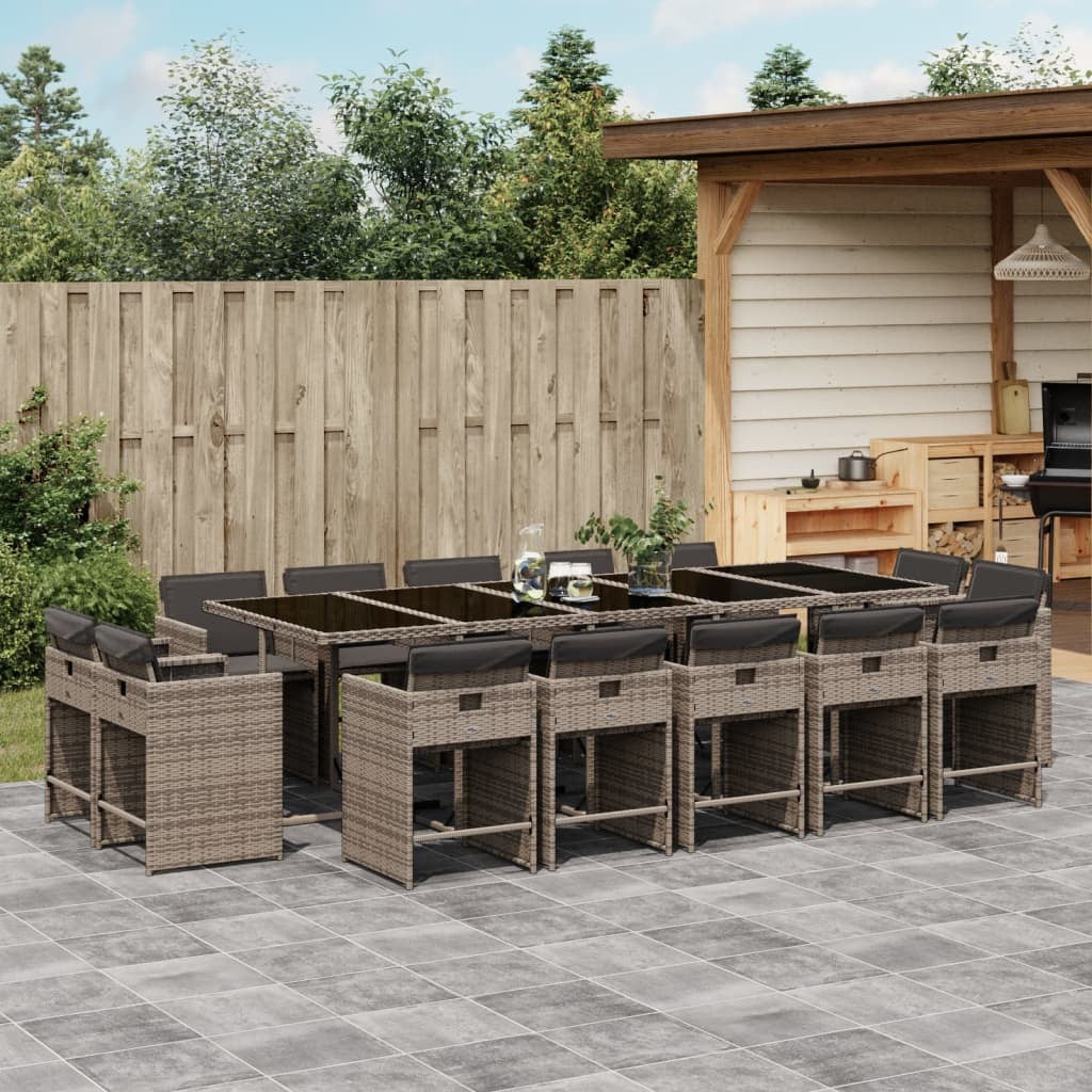15 Piece Patio Dining Set with Cushions Gray Poly Rattan