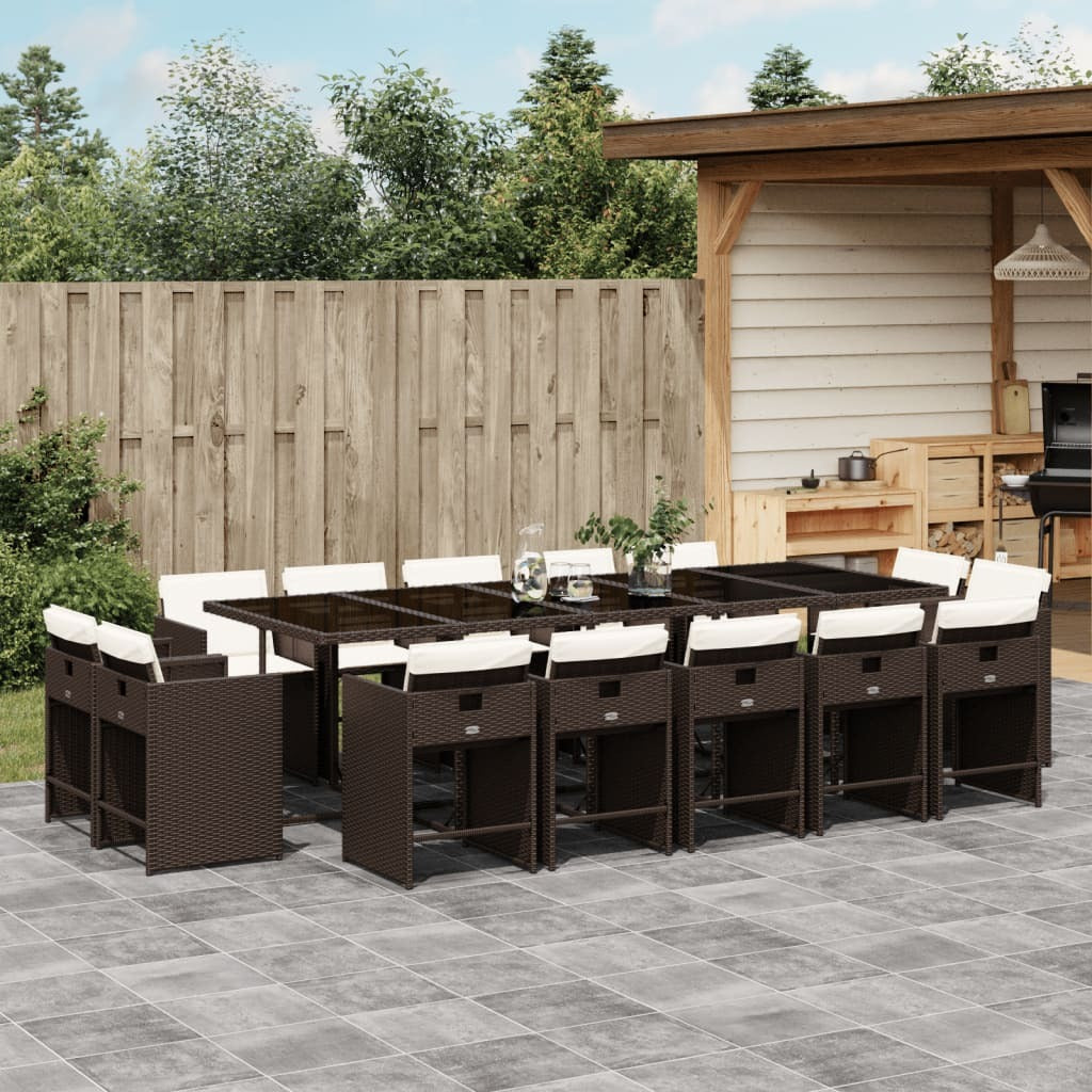 15 Piece Patio Dining Set with Cushions Brown Poly Rattan
