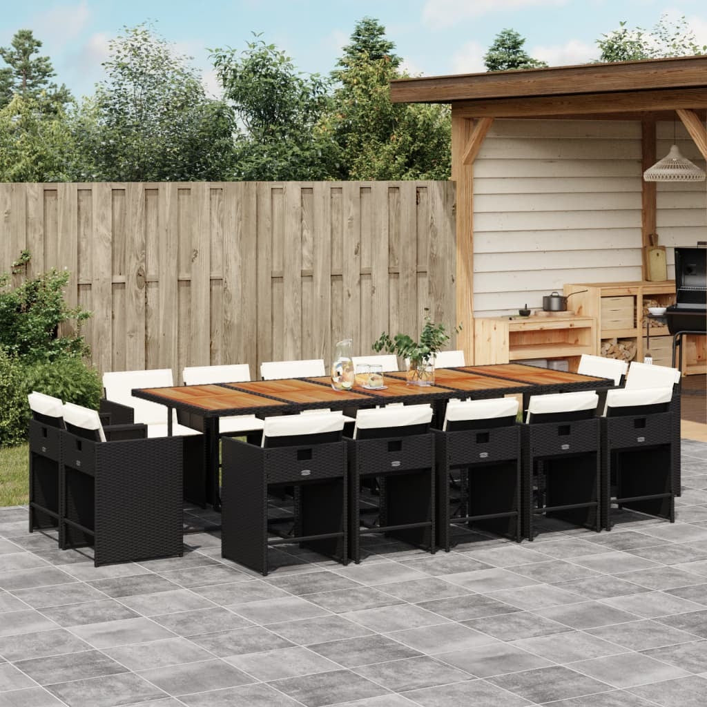 15 Piece Patio Dining Set with Cushions Black Poly Rattan