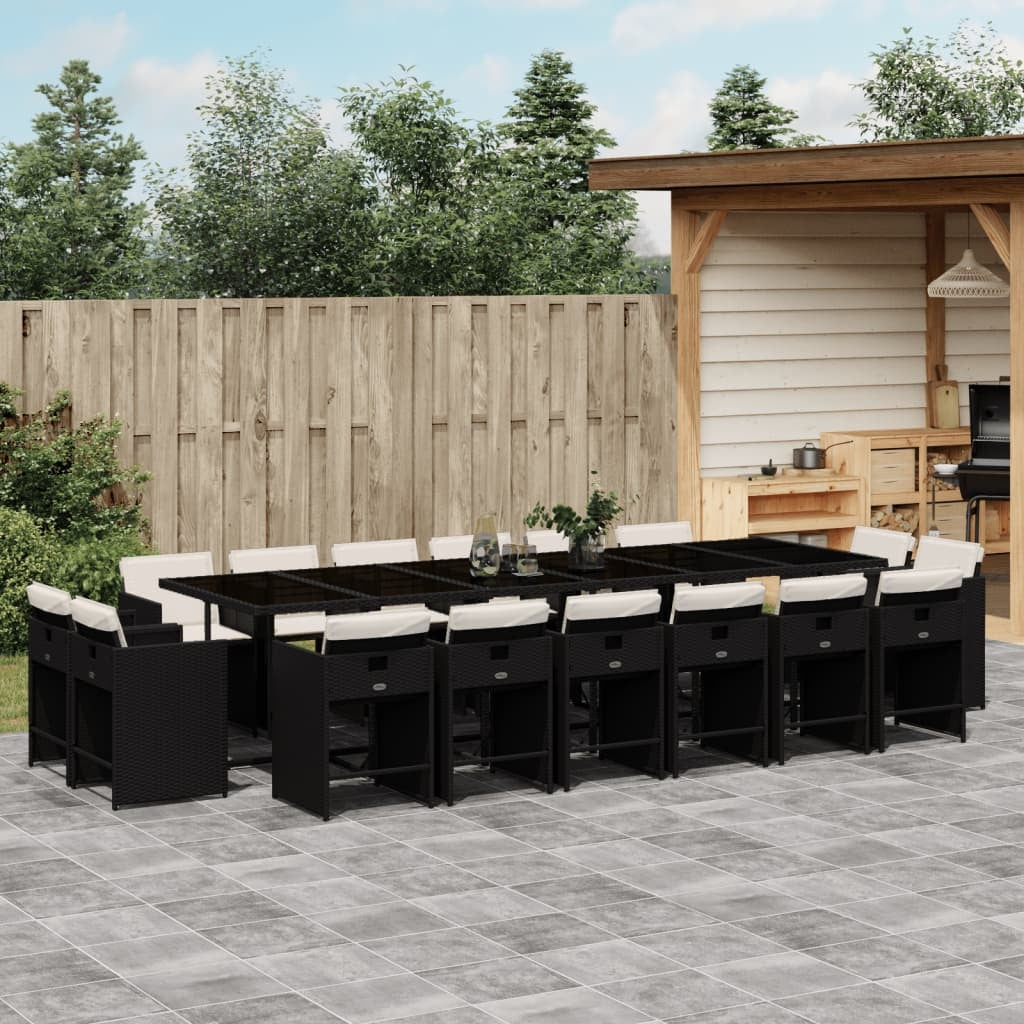 17 Piece Patio Dining Set with Cushions Black Poly Rattan