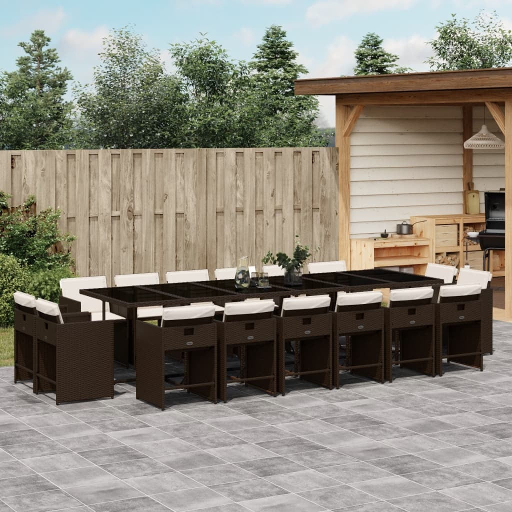 17 Piece Patio Dining Set with Cushions Brown Poly Rattan