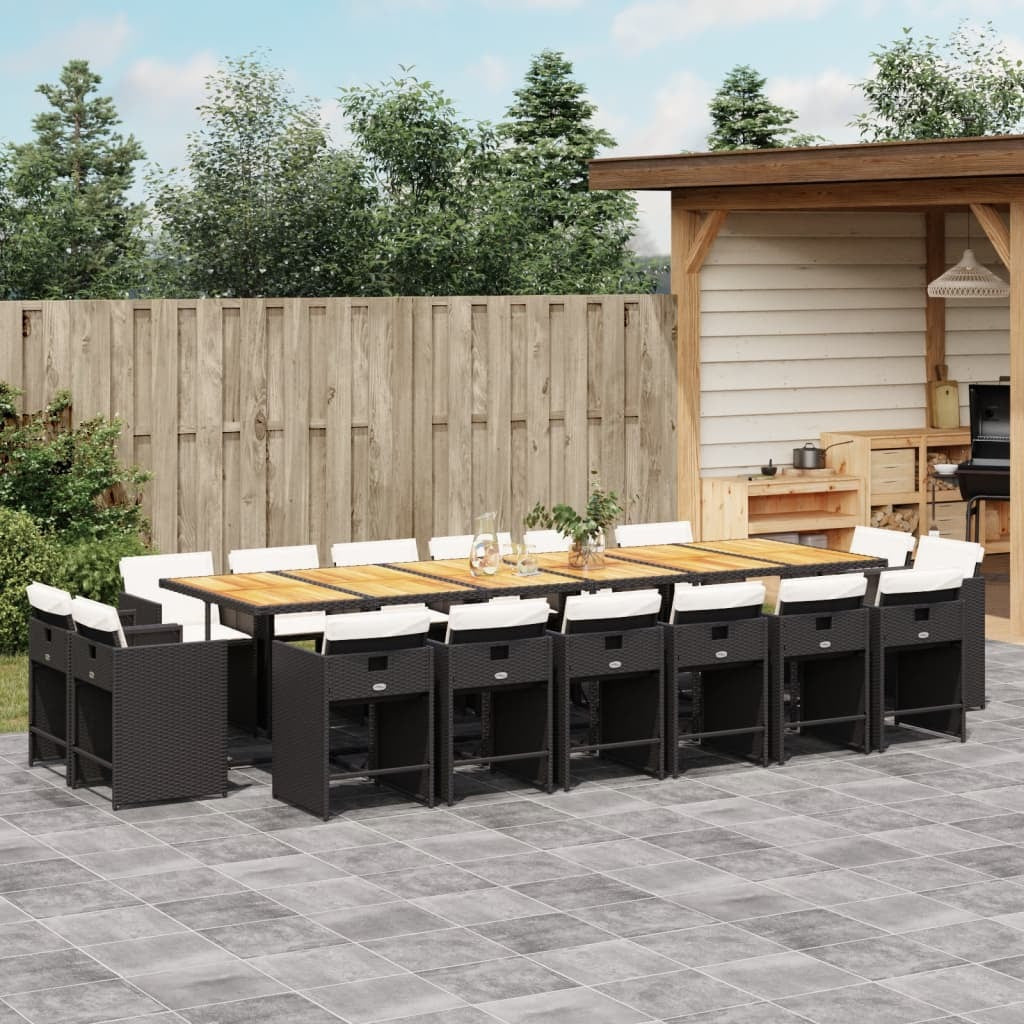 17 Piece Patio Dining Set with Cushions Black Poly Rattan