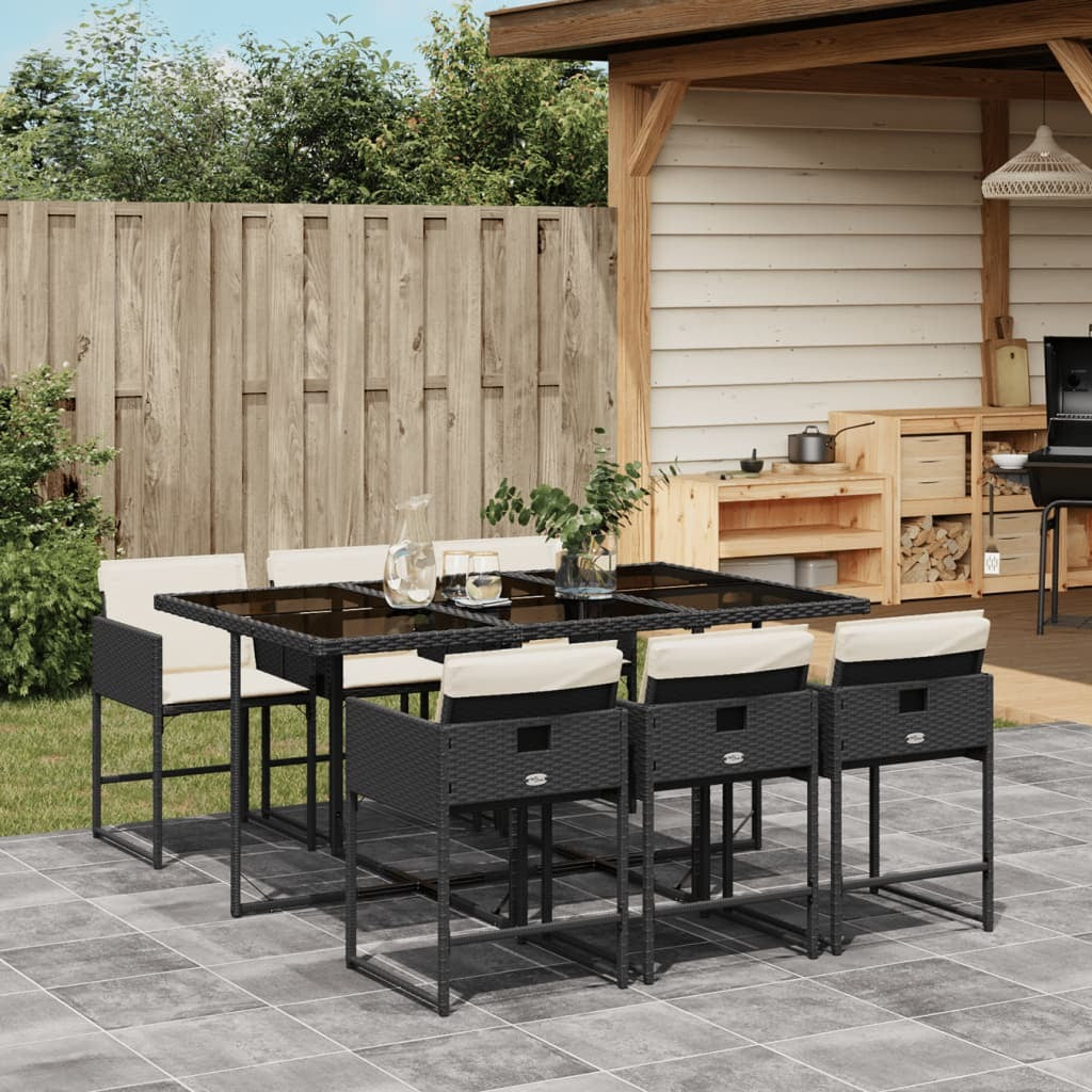 7 Piece Patio Dining Set with Cushions Black Poly Rattan