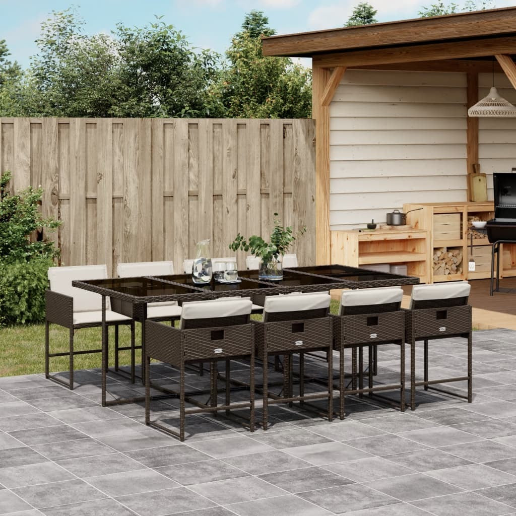 9 Piece Patio Dining Set with Cushions Brown Poly Rattan
