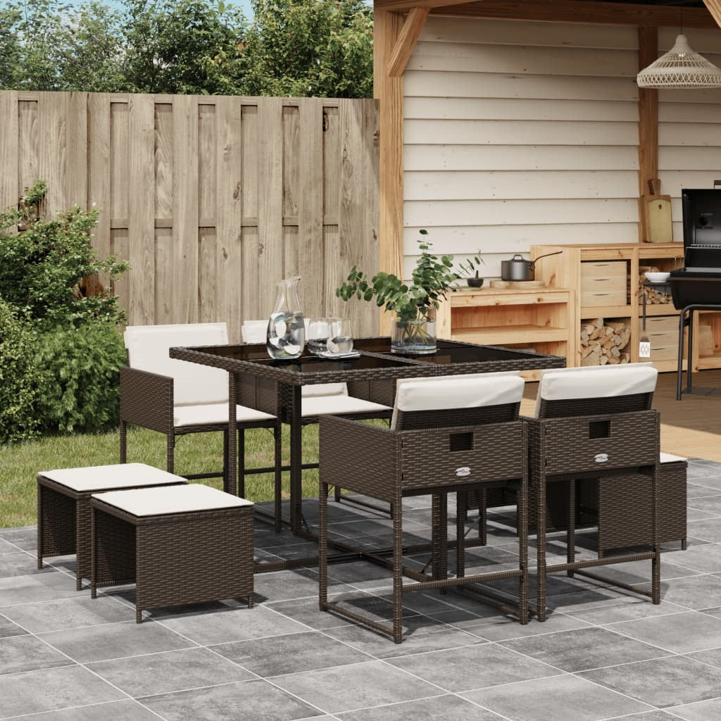 9 Piece Patio Dining Set with Cushions Brown Poly Rattan