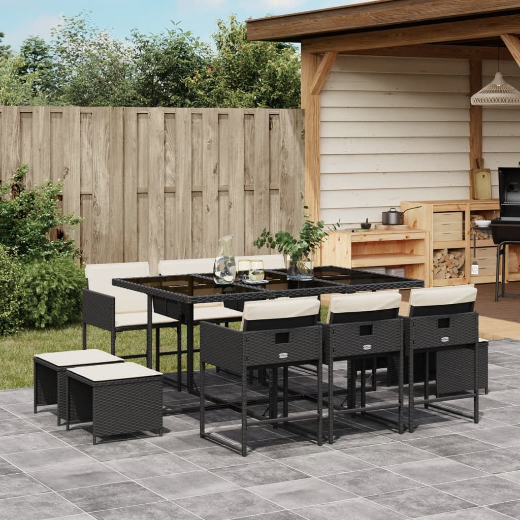 11 Piece Patio Dining Set with Cushions Black Poly Rattan