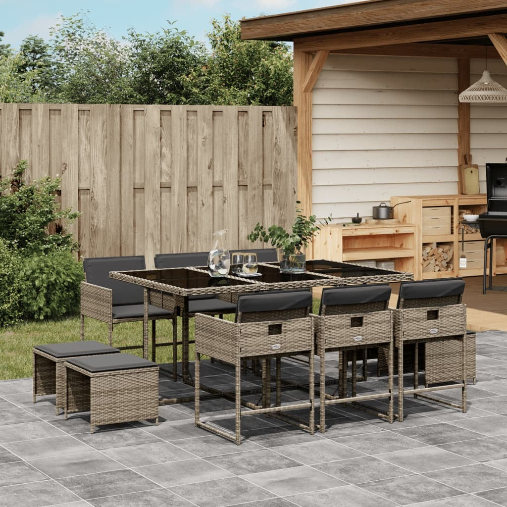 11 Piece Patio Dining Set with Cushions Gray Poly Rattan