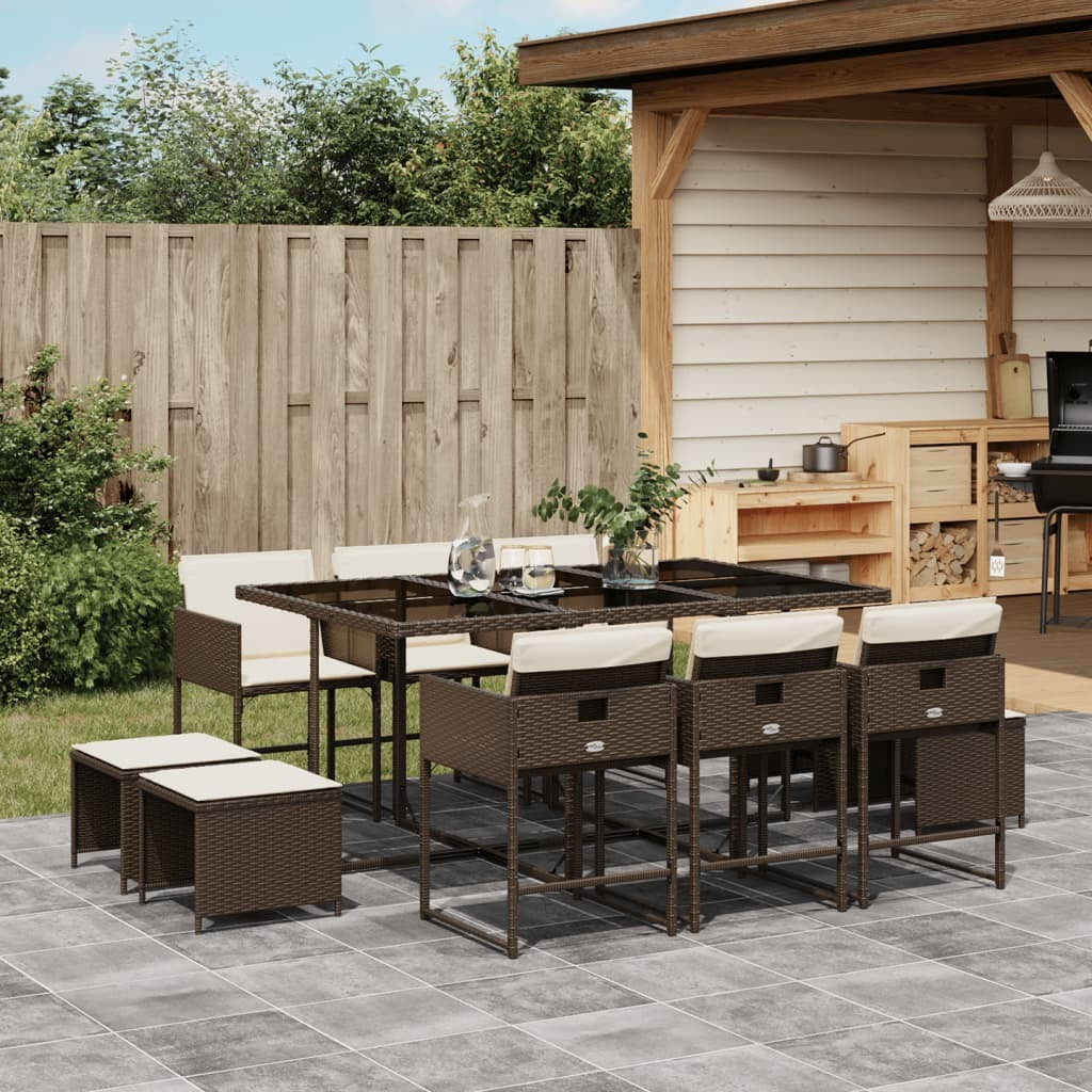 11 Piece Patio Dining Set with Cushions Brown Poly Rattan