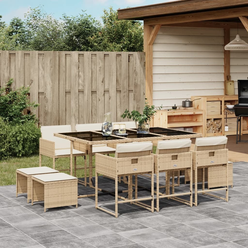 11 Piece Patio Dining Set with Cushions Beige Poly Rattan