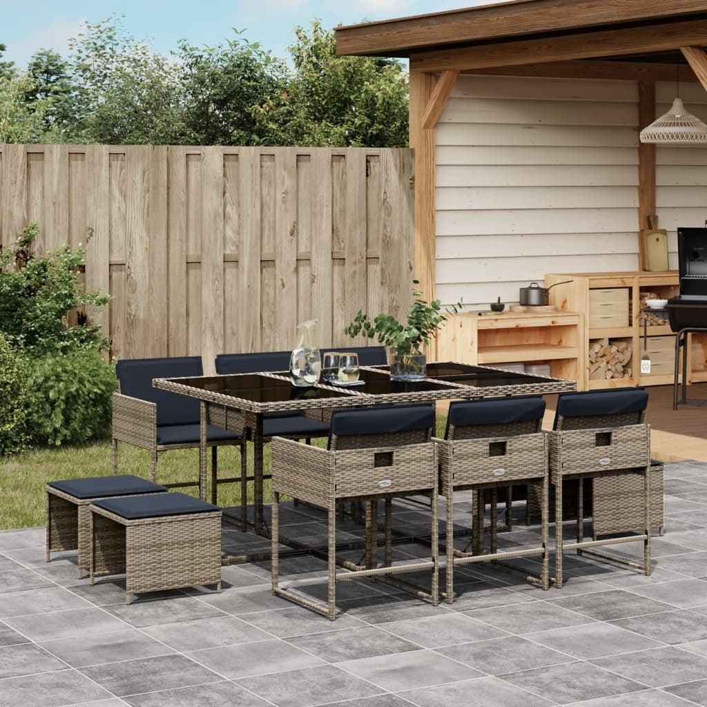11 Piece Garden Dining Set with Cushions Grey Poly Rattan