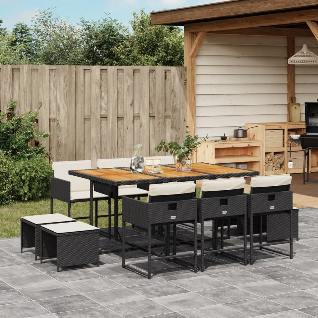 11 Piece Patio Dining Set with Cushions Black Poly Rattan