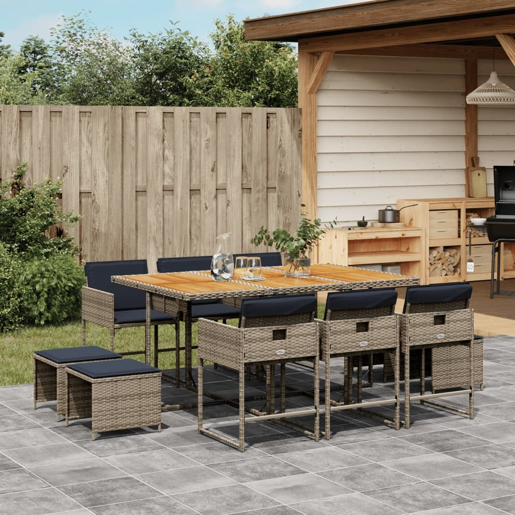 11 Piece Garden Dining Set with Cushions Grey Poly Rattan