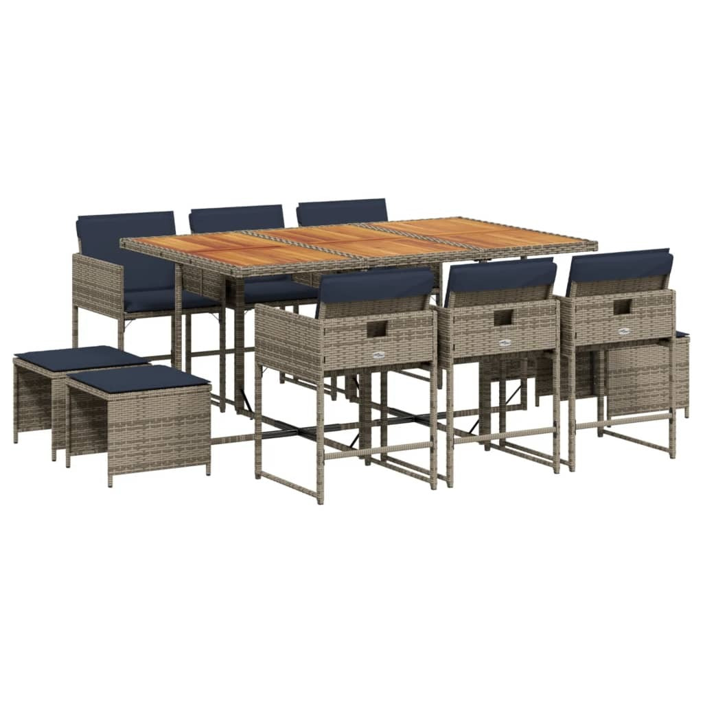 11 Piece Garden Dining Set with Cushions Grey Poly Rattan