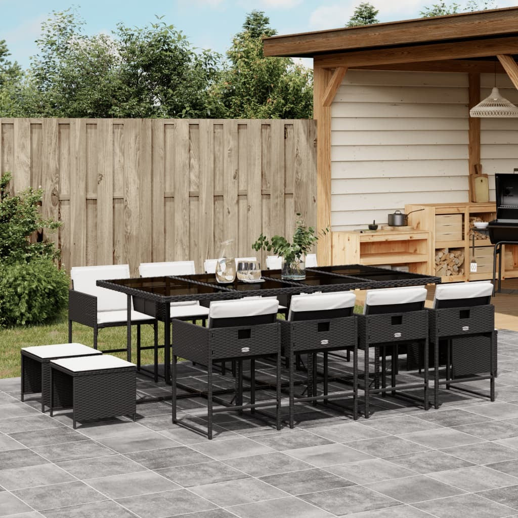 13 Piece Patio Dining Set with Cushions Black Poly Rattan