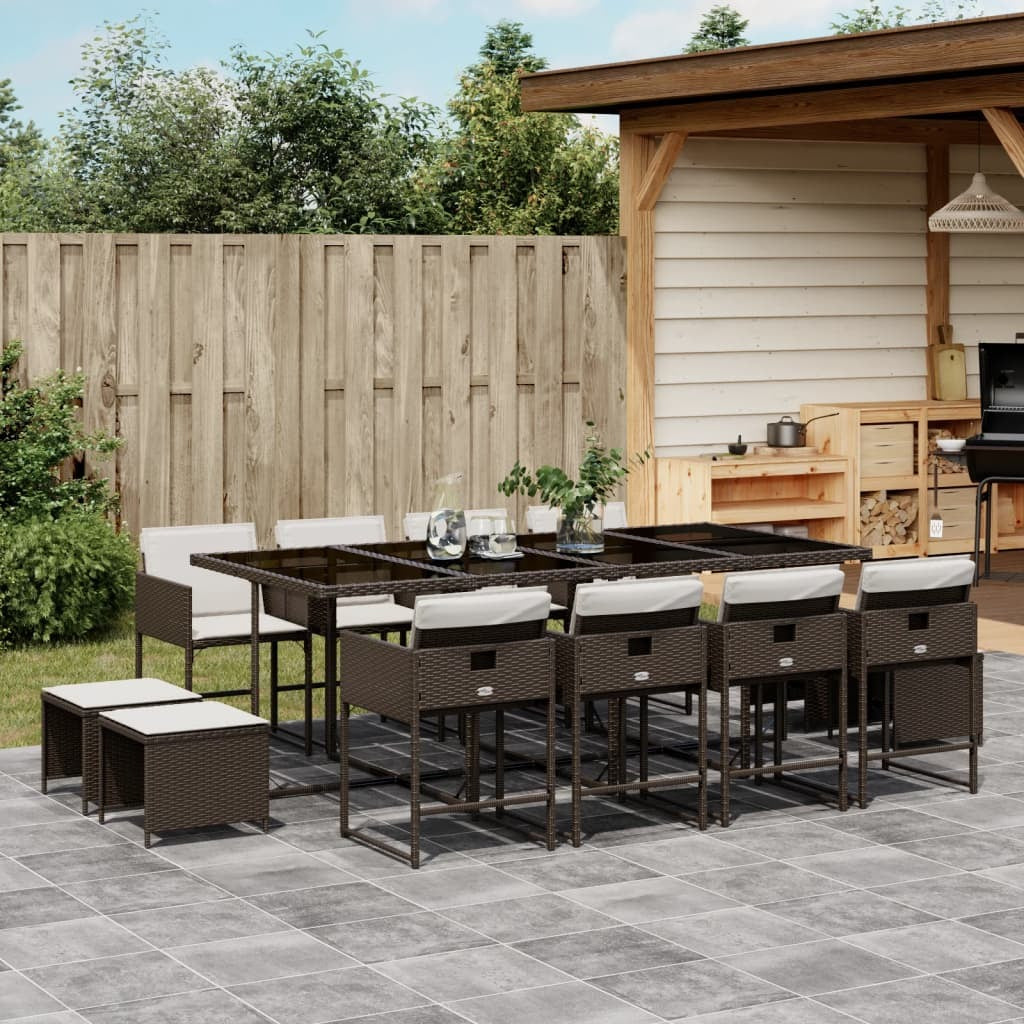 13 Piece Patio Dining Set with Cushions Brown Poly Rattan