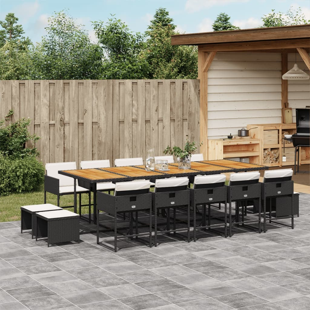 15 Piece Patio Dining Set with Cushions Black Poly Rattan