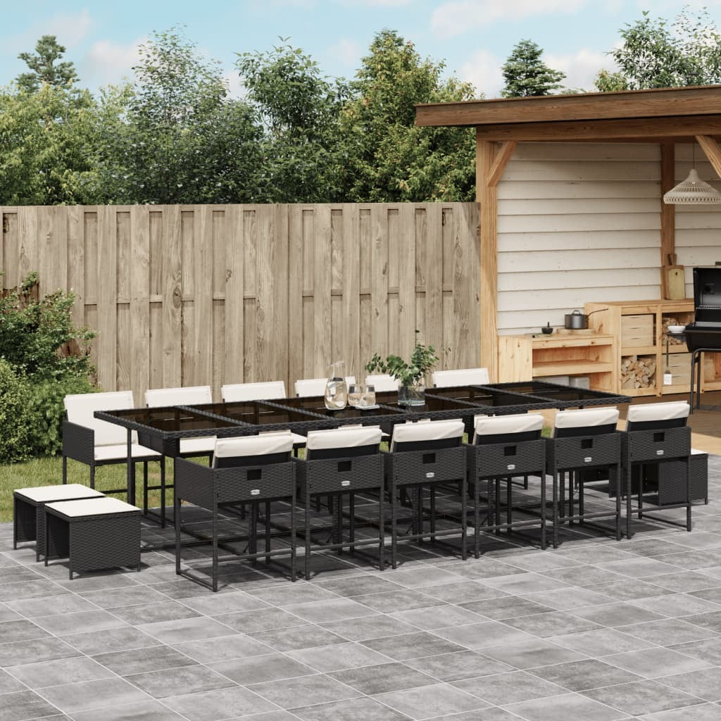17 Piece Patio Dining Set with Cushions Black Poly Rattan