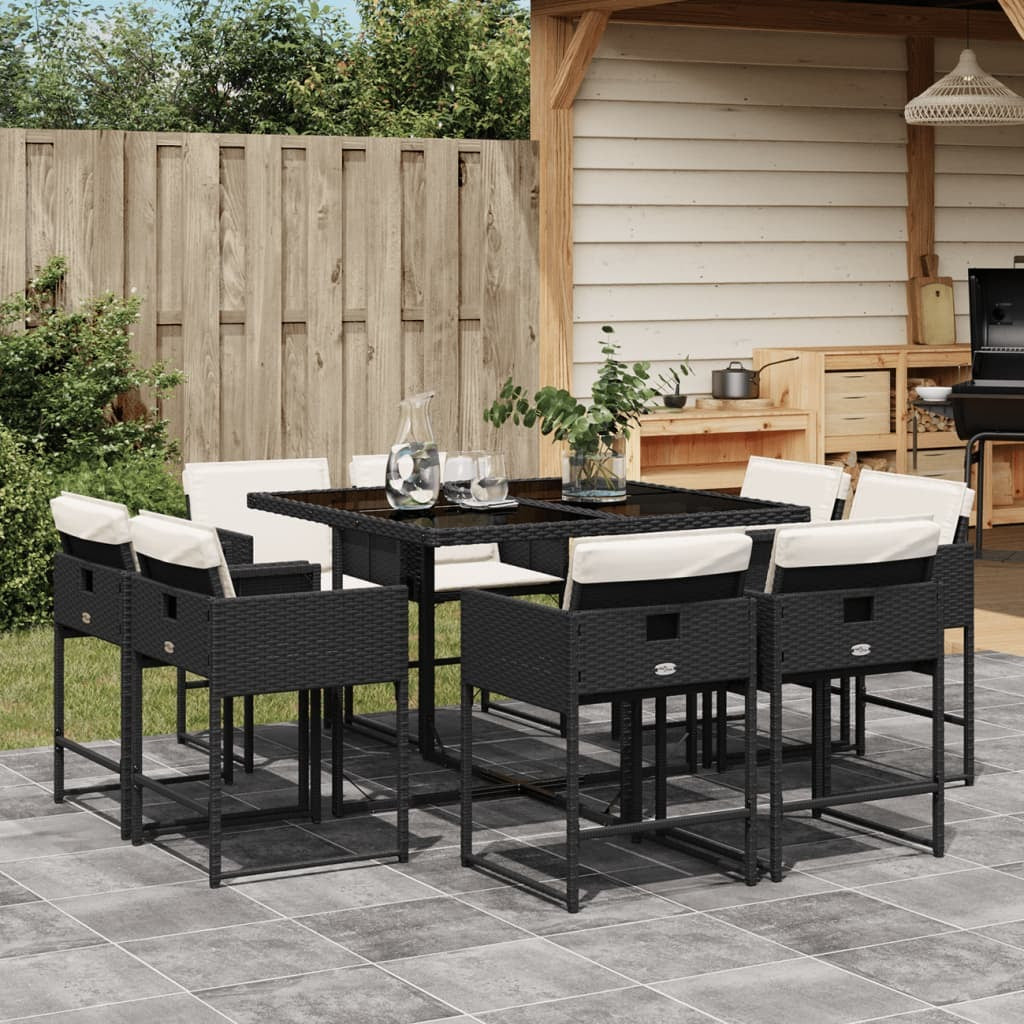 9 Piece Patio Dining Set with Cushions Black Poly Rattan