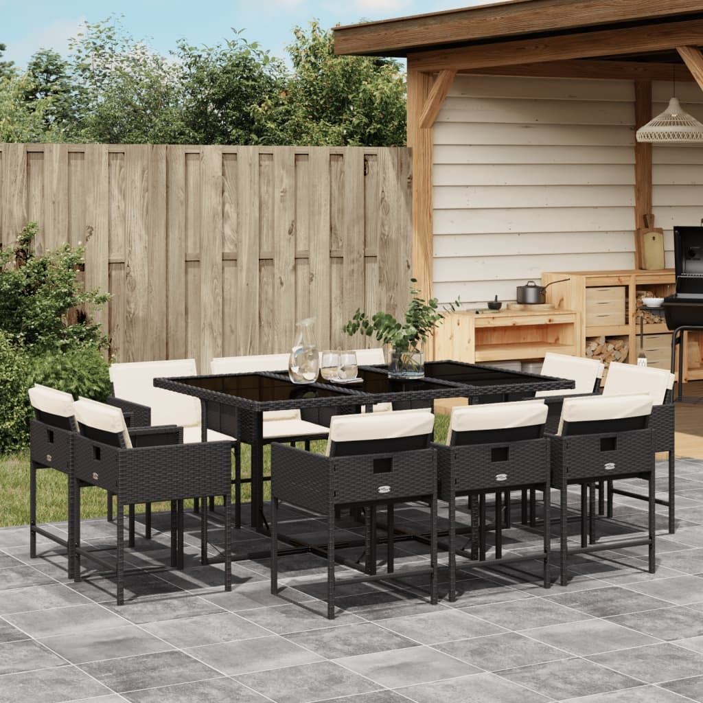 11 Piece Patio Dining Set with Cushions Black Poly Rattan