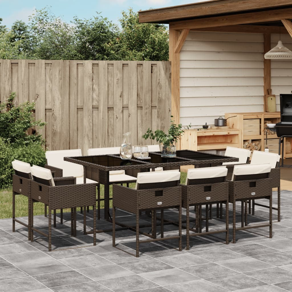 11 Piece Patio Dining Set with Cushions Brown Poly Rattan