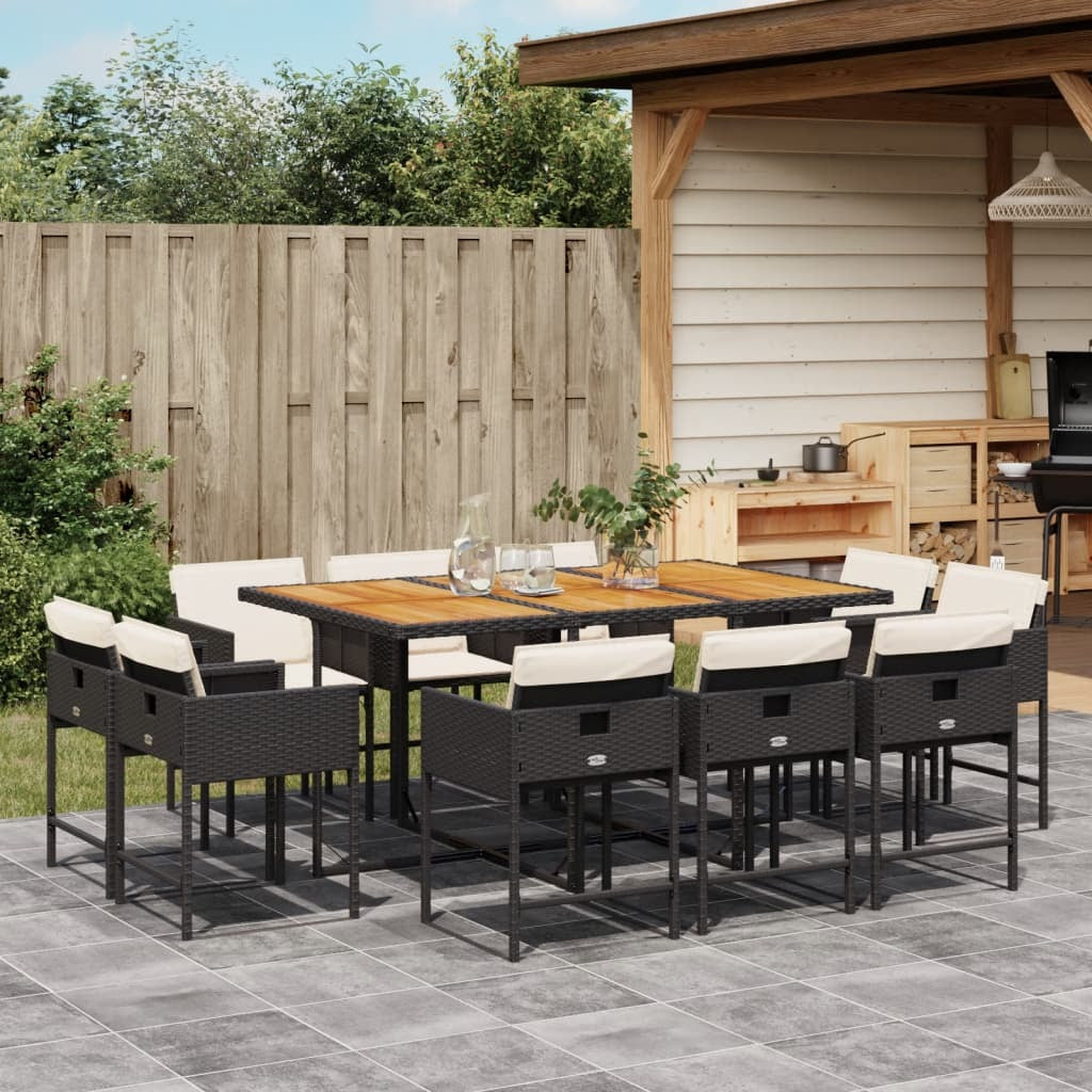11 Piece Patio Dining Set with Cushions Black Poly Rattan