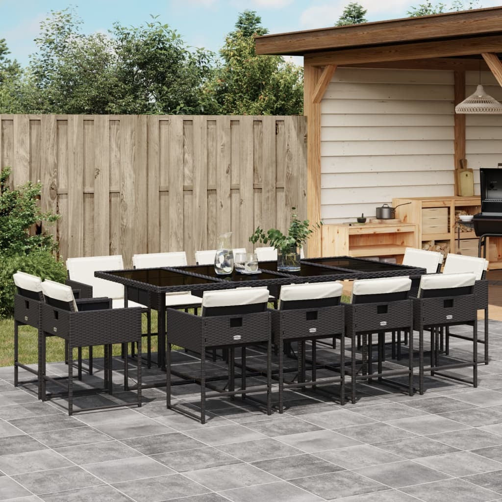 13 Piece Patio Dining Set with Cushions Black Poly Rattan