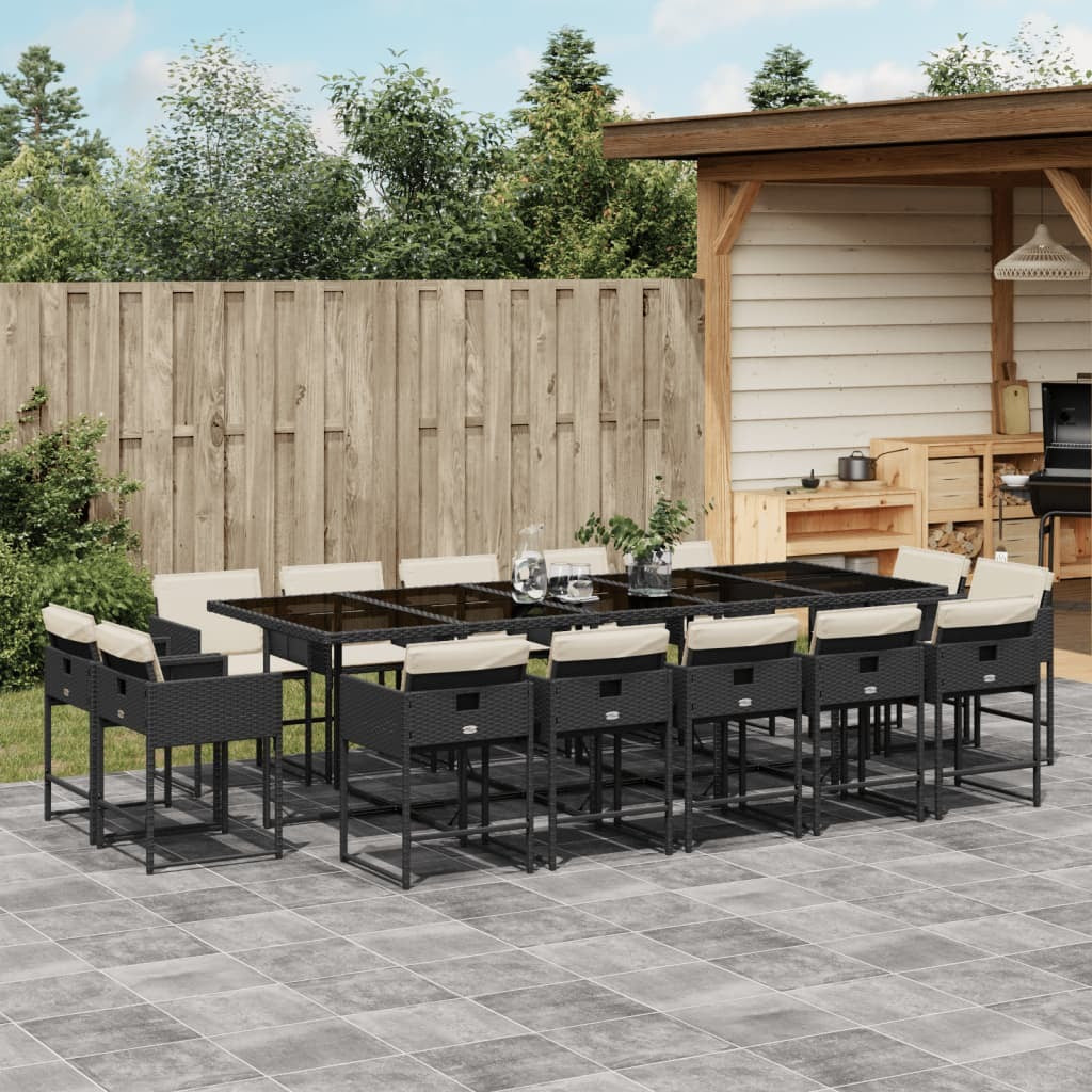 15 Piece Patio Dining Set with Cushions Black Poly Rattan