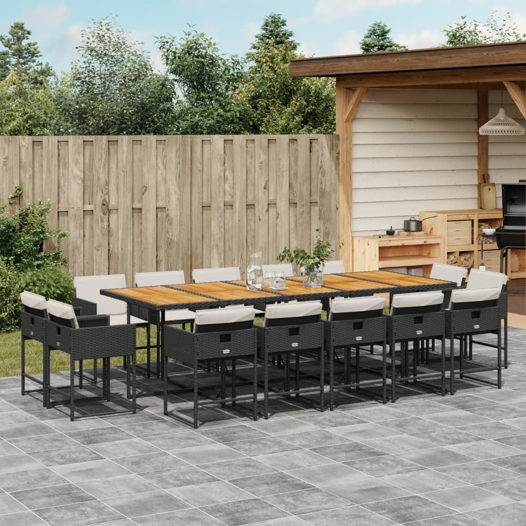 15 Piece Patio Dining Set with Cushions Black Poly Rattan
