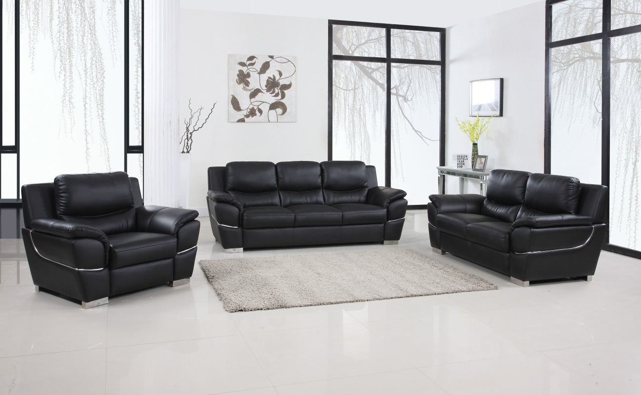 Three Piece Indoor Black Genuine Leather Six Person Seating Set