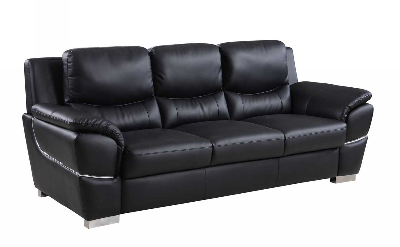 85" Black Leather Sofa With Silver Legs