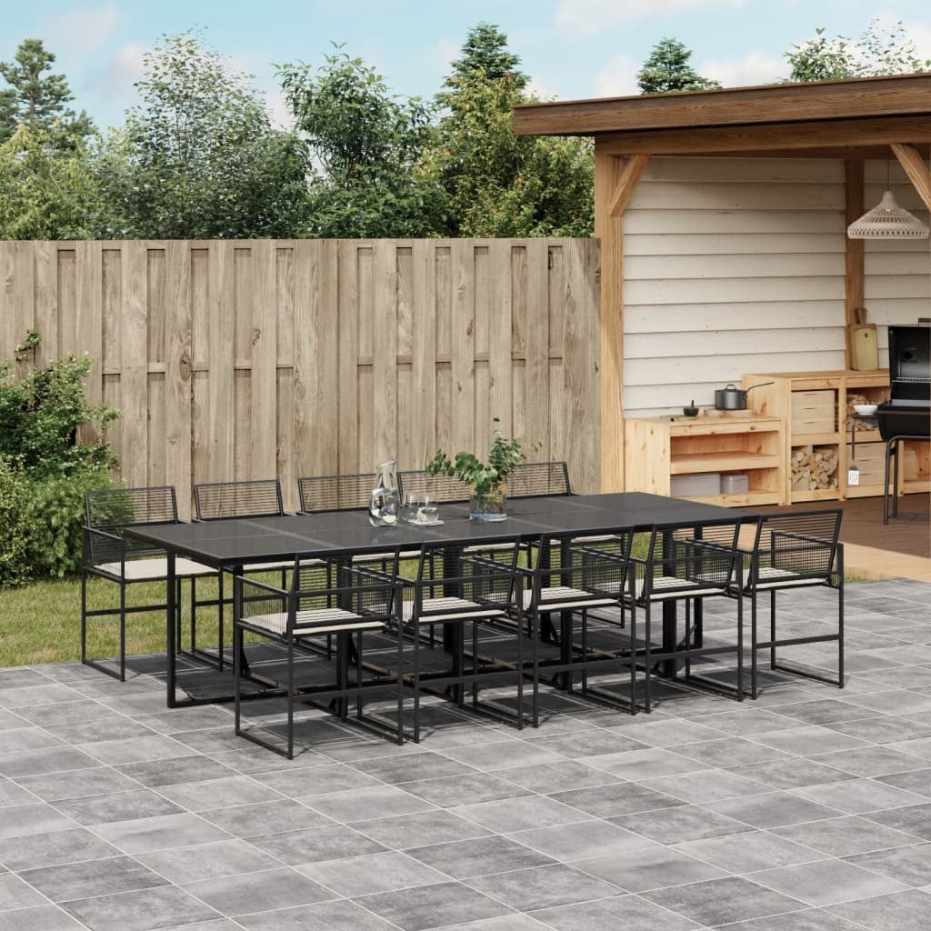 11 Piece Patio Dining Set with Cushions Black Poly Rattan