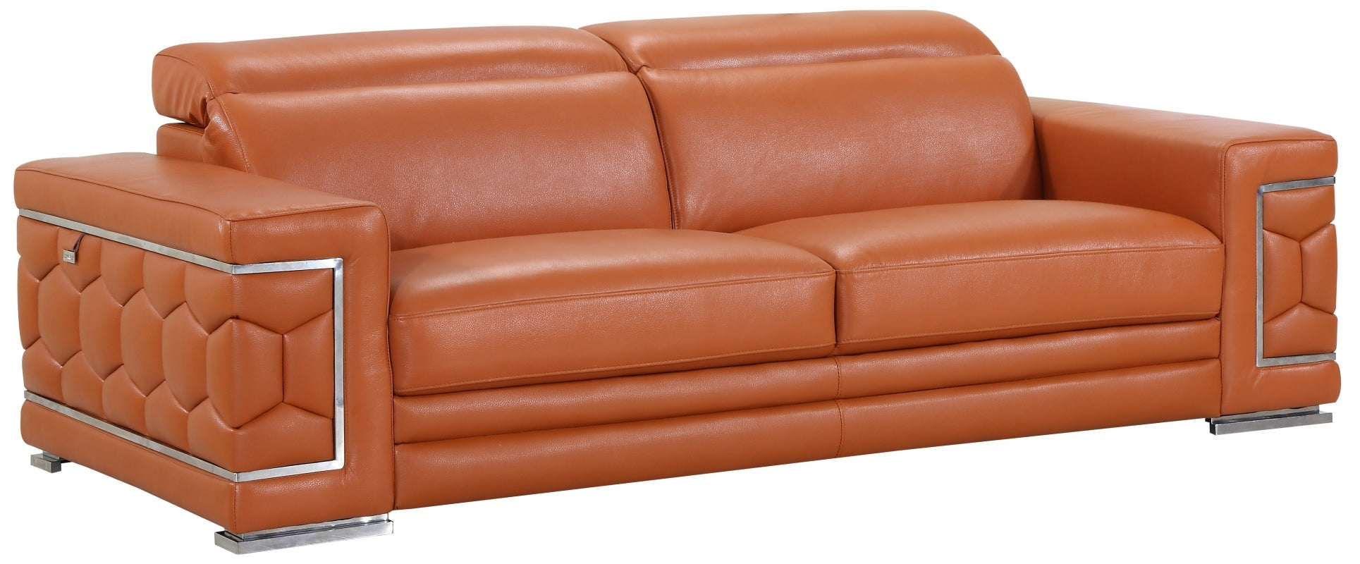 89" Camel Italian Leather Sofa With Silver Legs